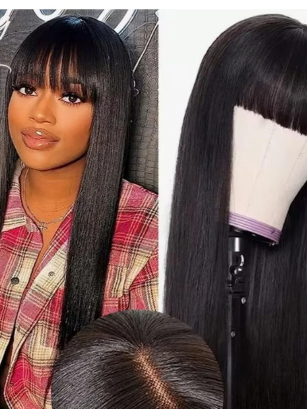 Bone Straight Buss Down  Human Hair Blended Wig with Bangs - Black🖤🍓🩷